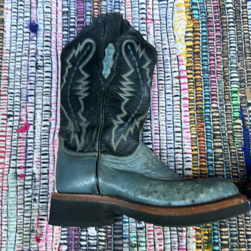 Lucchese Ostrich Exotic Crepe Sole Roper Blue Black Western Boots